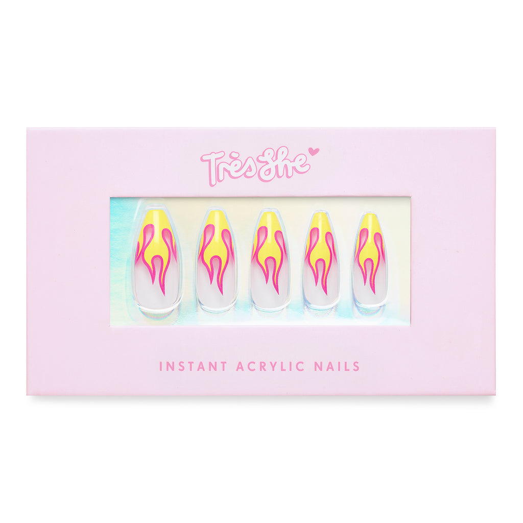 Tres She Instant Acrylics Nails Hot Girl Neon Yellow Pink Flames Box Shot