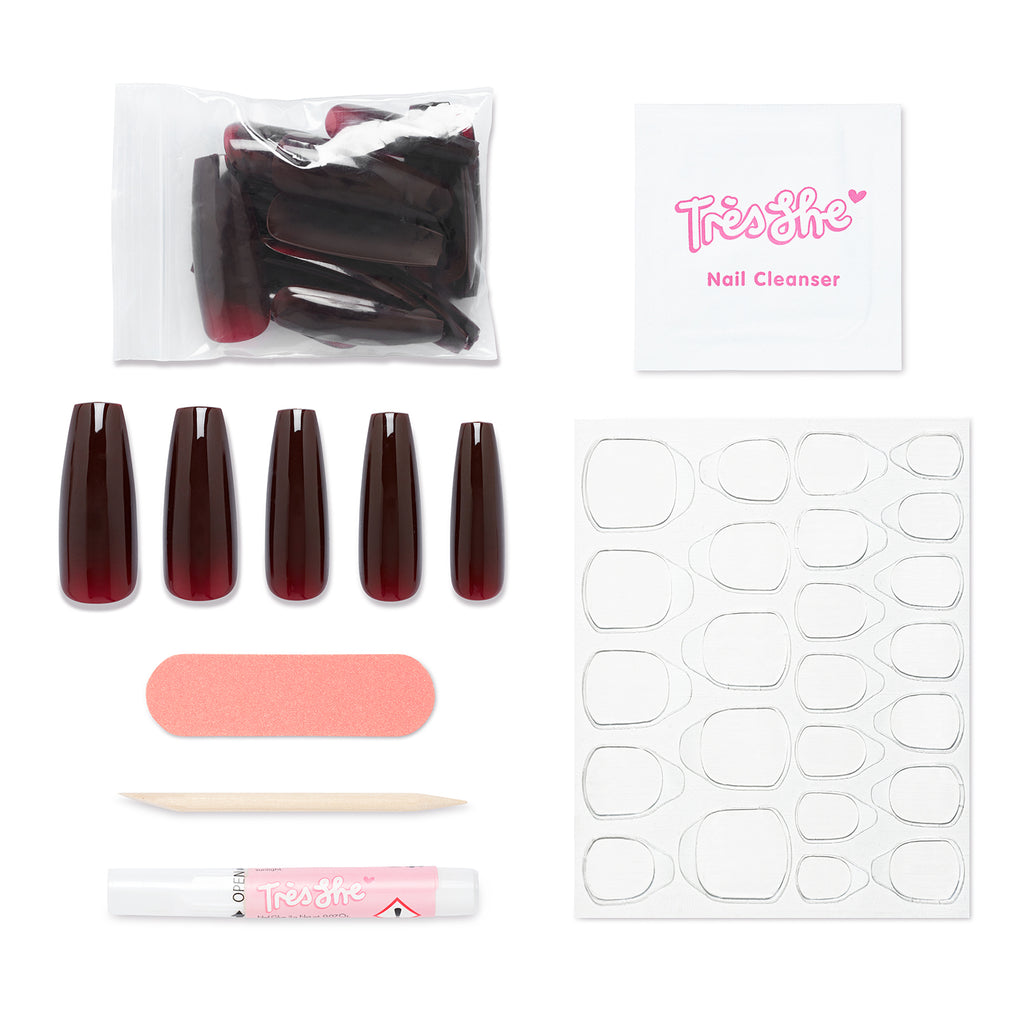 Tres She instant acrylic press on nails in deep burgundy red jelly extra long coffin shape and application kit included