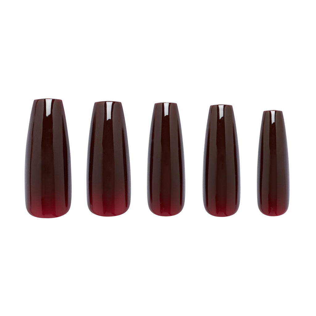Tres She instant acrylic press on nails in deep burgundy red jelly extra long coffin shape