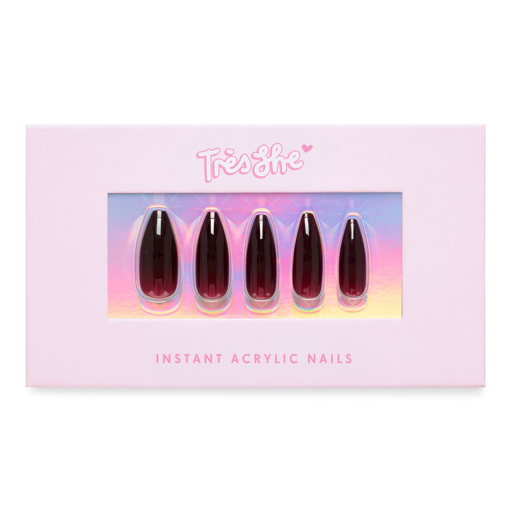 Tres She pink product box with Cherry Cola dark red jelly nails ballerina shape, long length