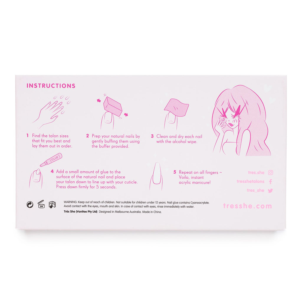Très She five-step press on acrylic nail application instructions on back of product box