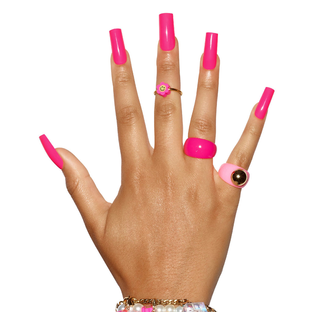 Tres She press on acrylic nails in long square bright pink