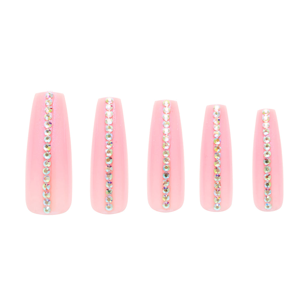Tres She Princess Cut nails, baby pink with blue shimmer and row of diamontes down centre of each nail five nails sizes