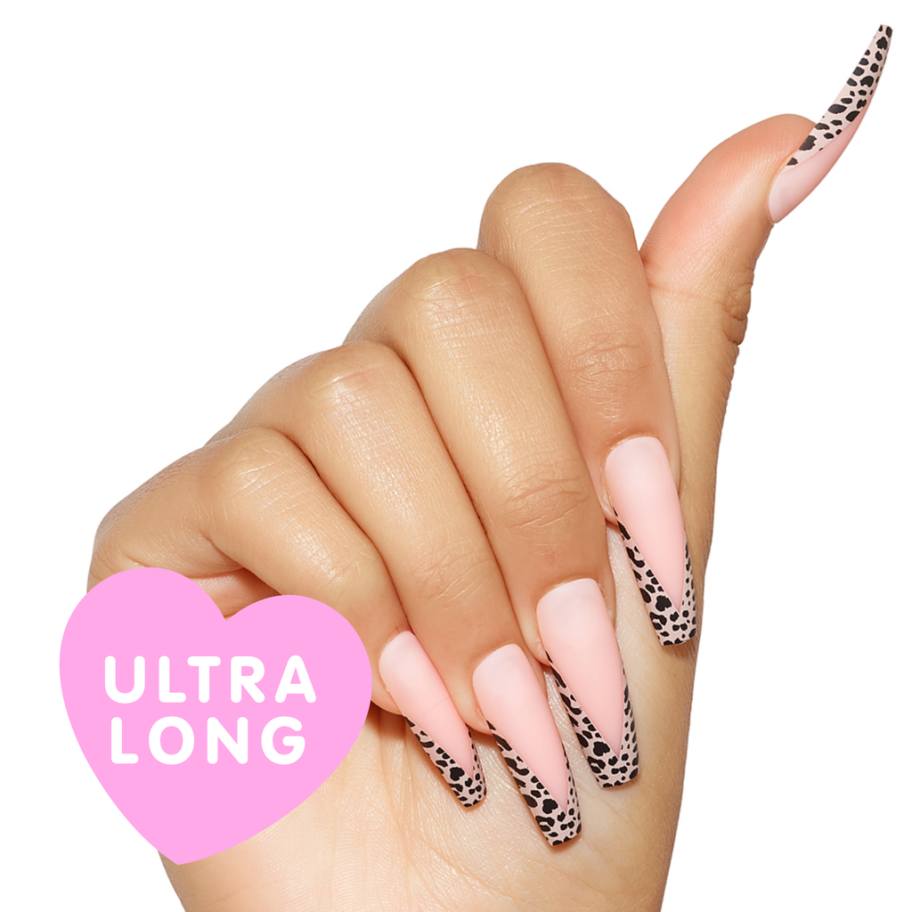 Tres She extra long nude press on acrylic nails with leopard print v tip