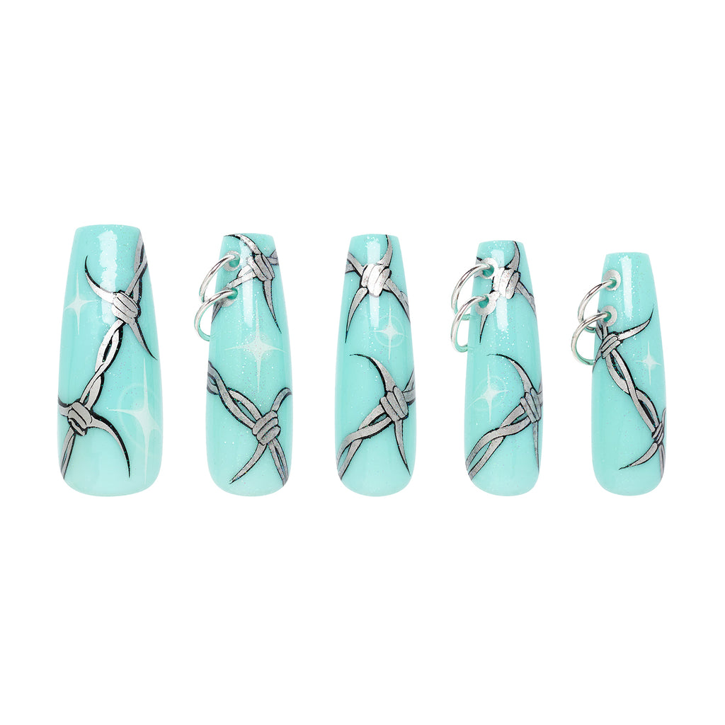 Limited edition Krocaine x Tres She ultra long coffin shape hand designed barbed wire on turquoise nails with piercings