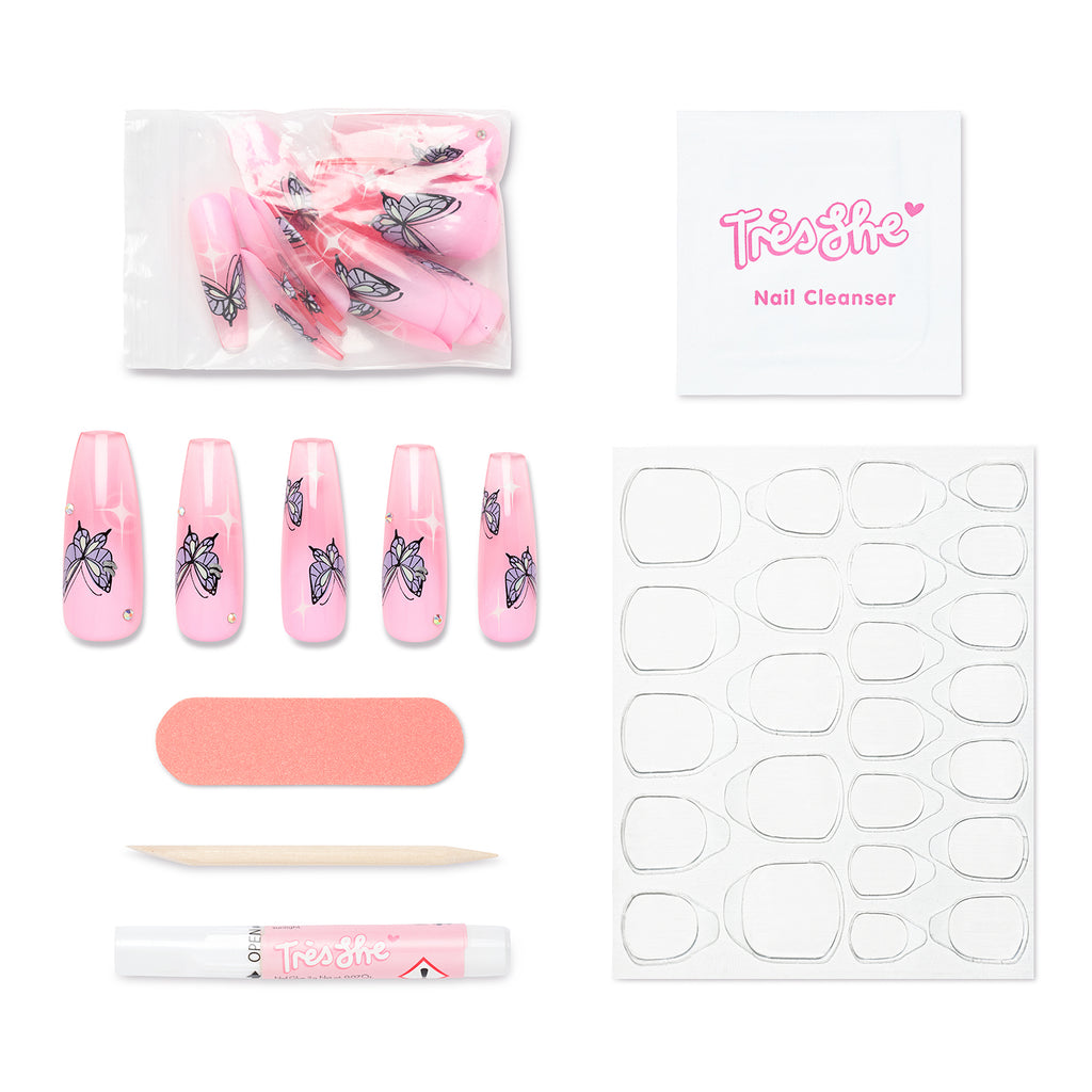 Limited edition Krocaine x Tres She ultra long coffin shape hand designed butterflies on baby pink nails with crystals