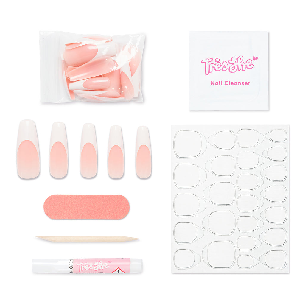 Pack contents of Porn Star coffin shape, ultra long nails. Contains 24 nails, alcohol cleansing wipe, buffer, cuticle pusher, glue and nail tabs
