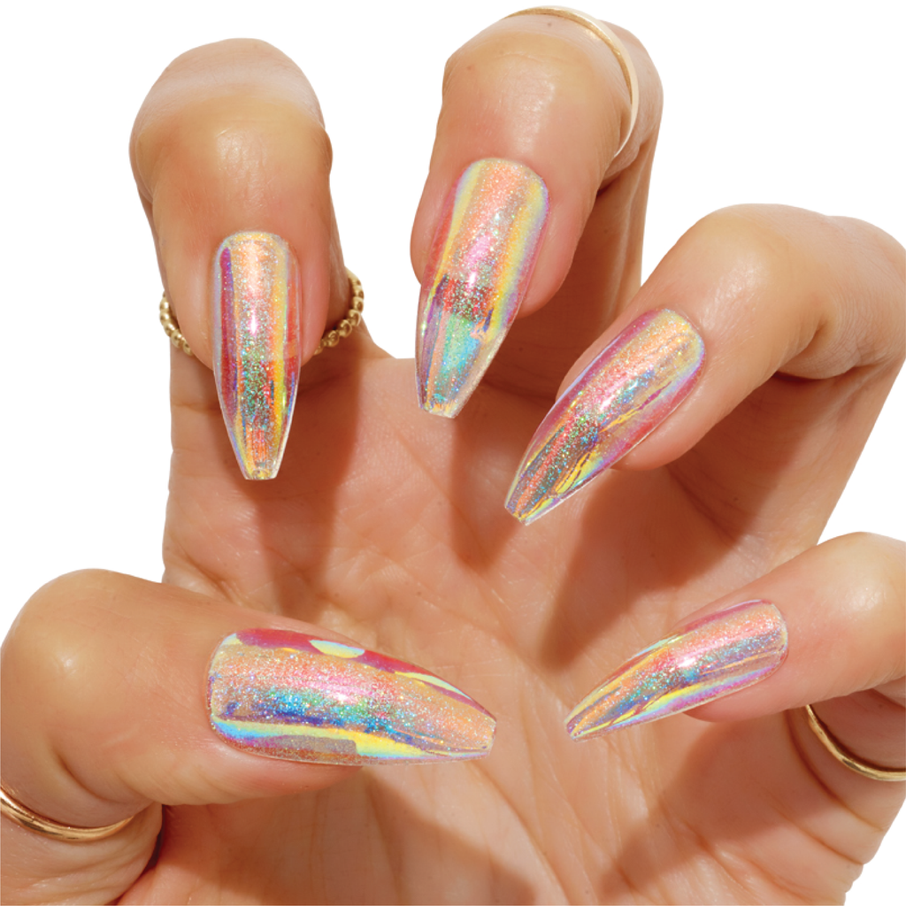 Hand posed in claw wearing holographic and iridescent glitter instant acrylic press on nails in long ballerina