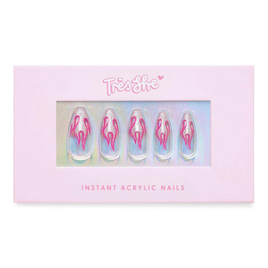 Tres She Instant Acrylics Nails Fuego Pink Glitter Flames Box Shot