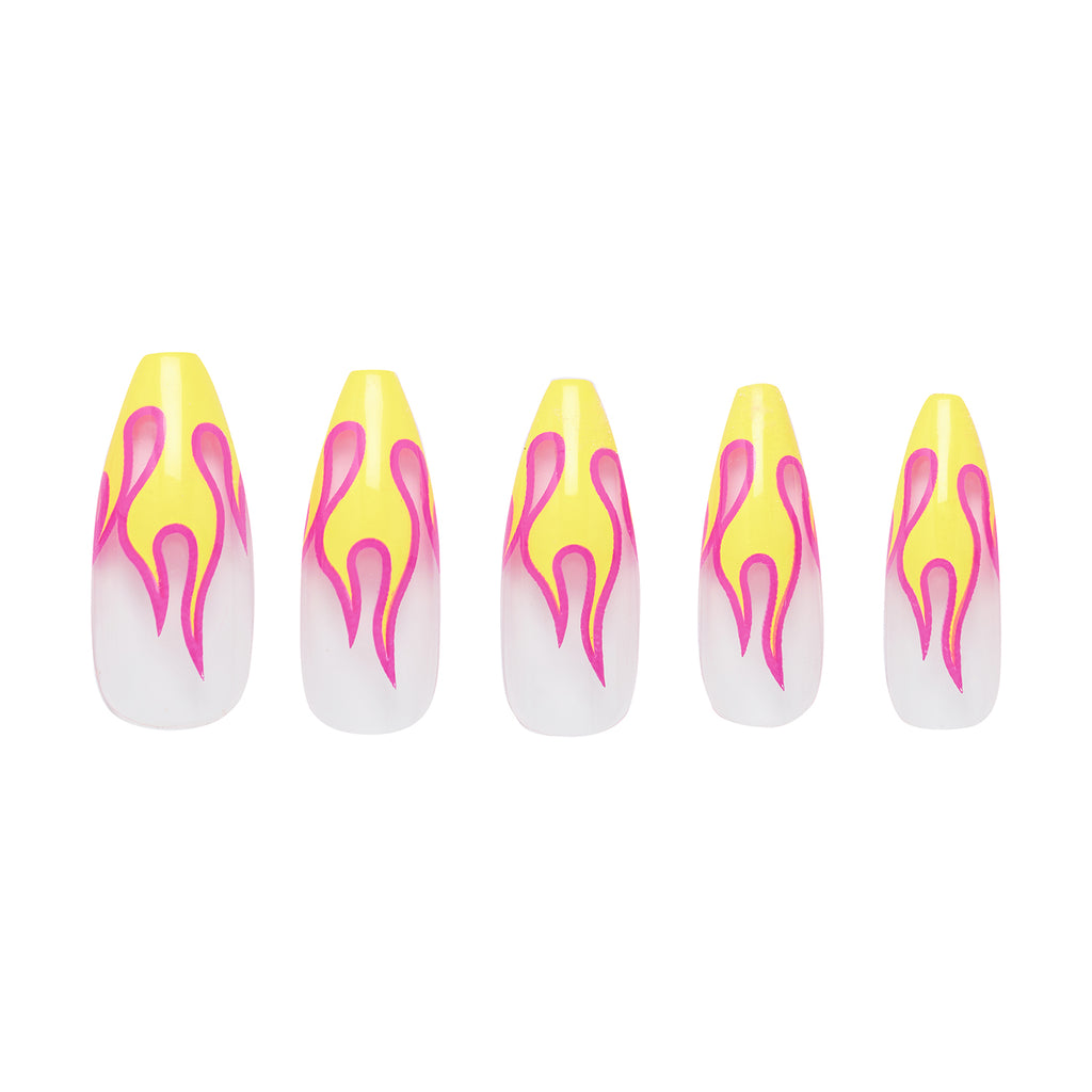 Tres She Instant Acrylics Nails Hot Girl Neon Yellow Pink Flames