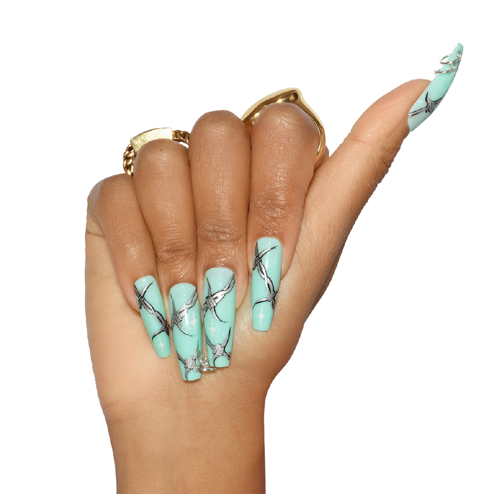 Limited edition Krocaine x Tres She ultra long coffin shape hand designed barbed wire on turquoise nails with piercings