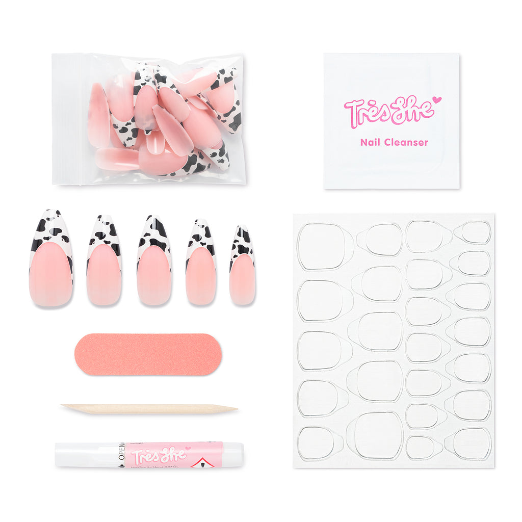 Pack contents of Big Moood ballerina shape nails. Contains 24 nails, alcohol cleansing wipe, buffer, cuticle pusher, glue and nail tabs