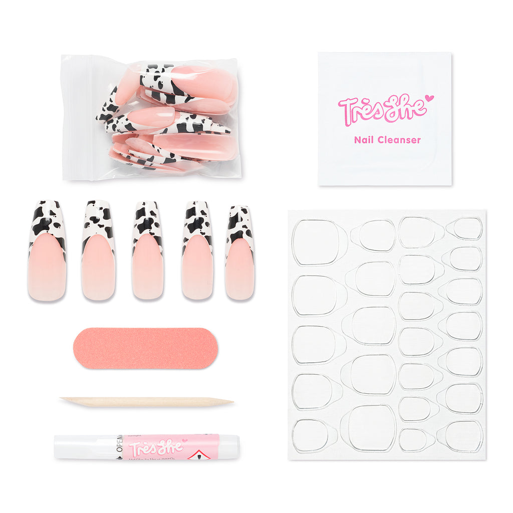 Pack contents of Big Moood coffin shape, ultra long nails. Contains 24 nails, alcohol cleansing wipe, buffer, cuticle pusher, glue and nail tabs