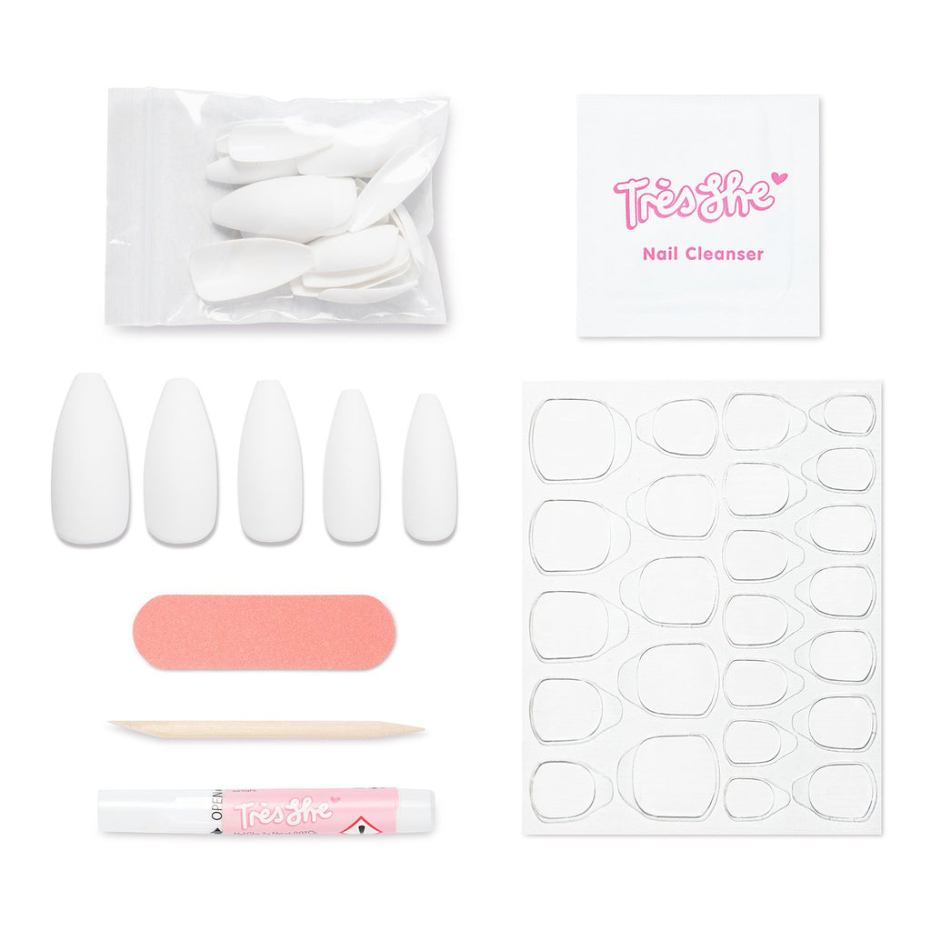 Tres She instant acrylic press on nails in matte white tapered ballerina shape and application kit included