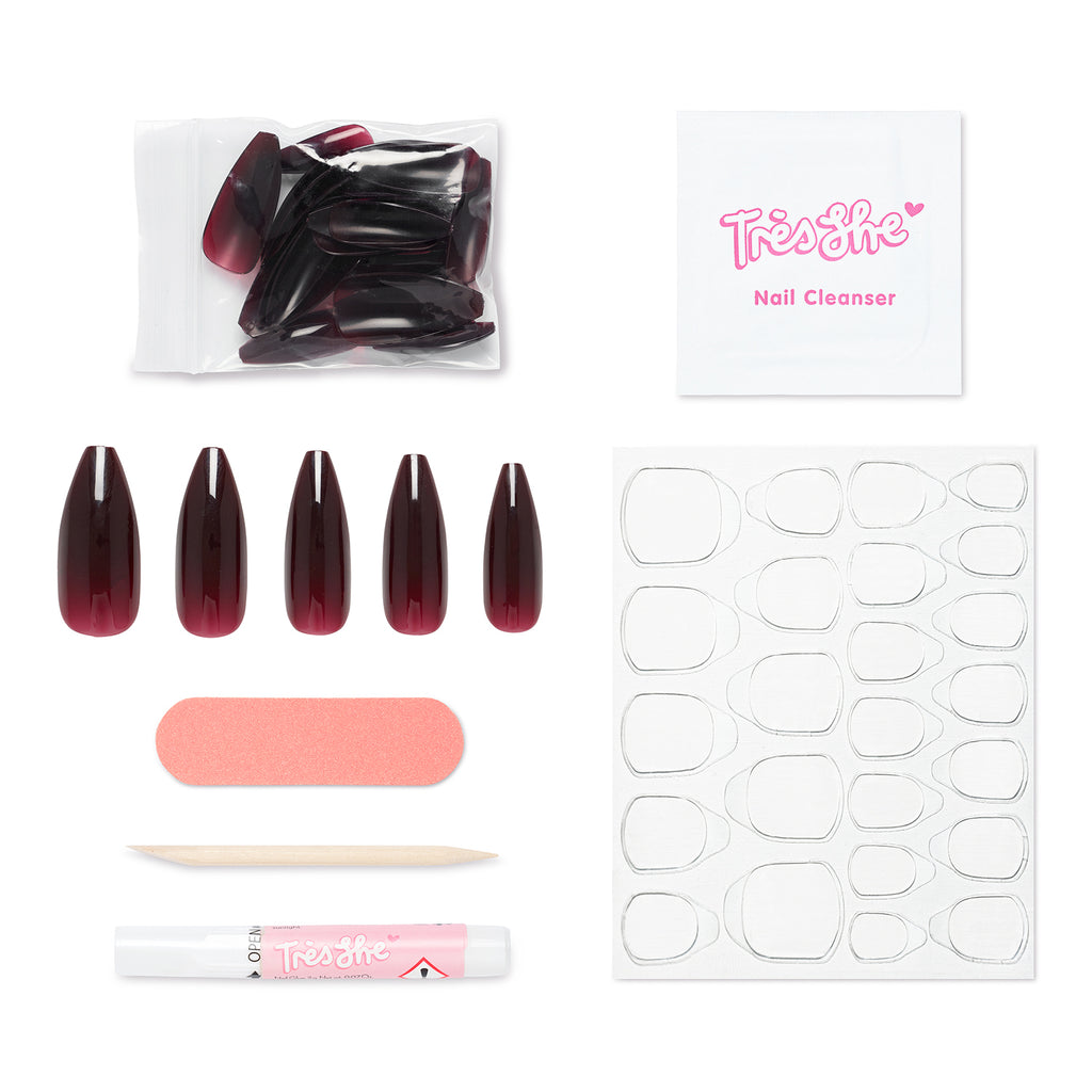 Pack contents of Cherry Cola dark red jelly ballerina shape, long nails. Contains 24 nails, alcohol cleansing wipe, buffer, cuticle pusher, glue and nail tabs