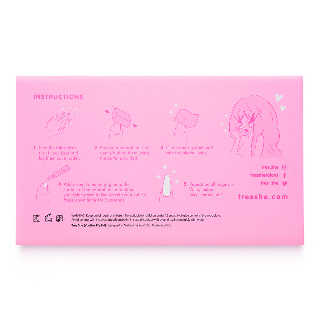 Tres She instant acrylic press on nails box with application instructions
