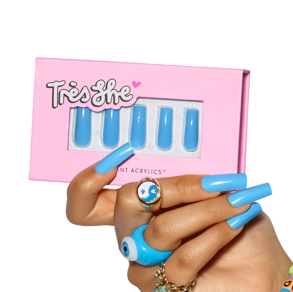 Tres She press on acrylic nails in long square bright blue