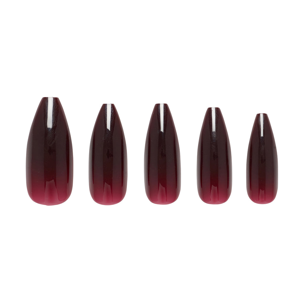 Tres She Instant Acrylics Cherry Cola burgundy red jelly press on nails in long tapered ballerina shape