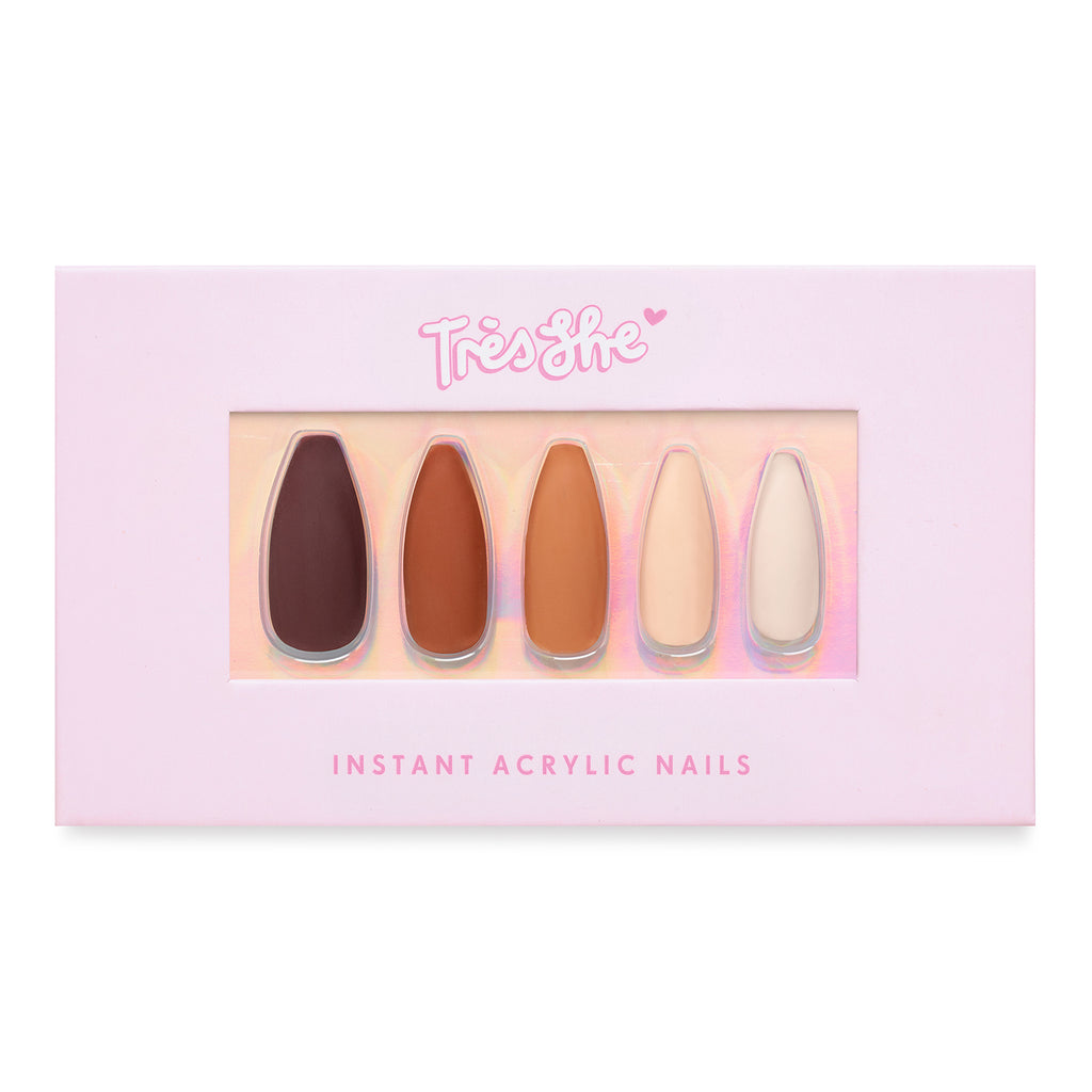 Tres She instant acrylic press on nails in matte brown graduated shades long tapered ballerina shape