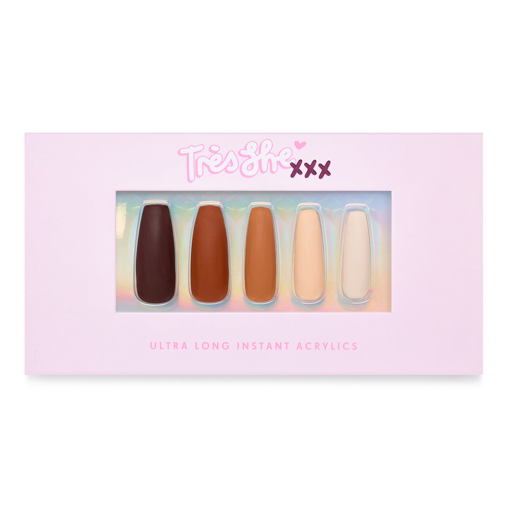 Tres She Instant Acrylics box of Cinnamon Doll in Ultra Long coffin press on nails