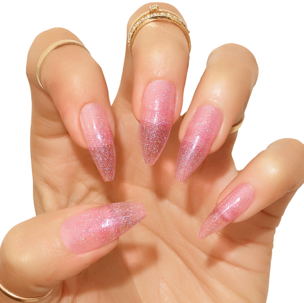 Tres She instant acrylic press on nails in sheer baby pink and holographic glitter jelly long tapered ballerina shape