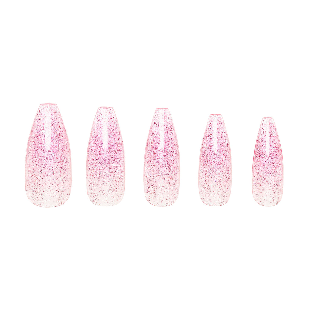 5 of the included sizes in Tres She set of Creamy Soda press on nails extra long coffin