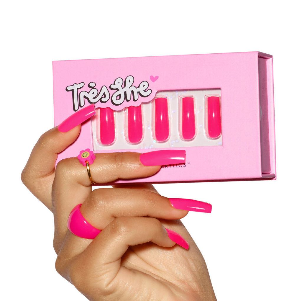 Tres She press on acrylic nails in long square bright pink