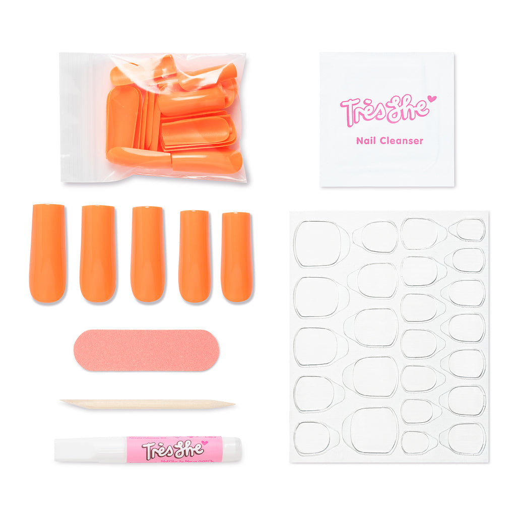 Tres She instant acrylic press on nails in bright orange long square