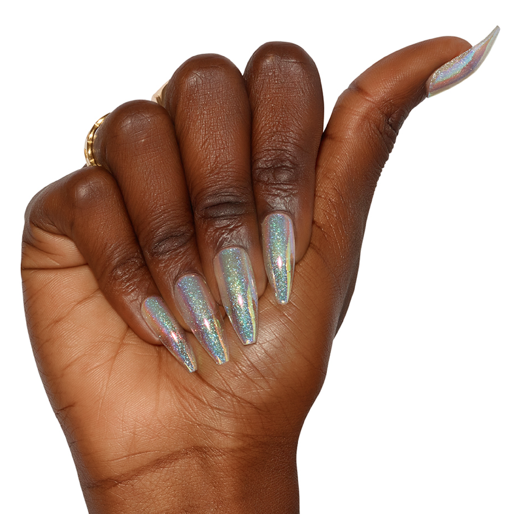 Hand wearing long ballerina holographic glitter and iridescent press on instant acrylic nails