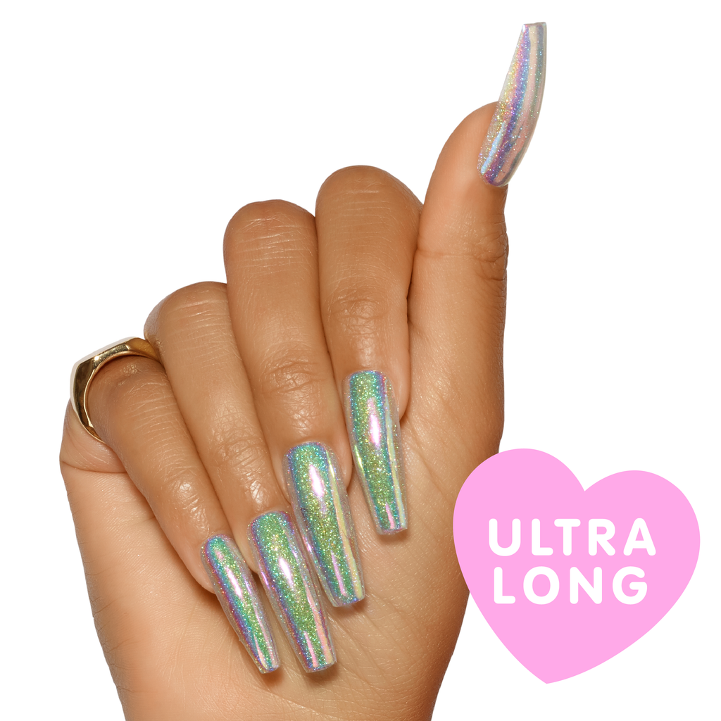 Hand wearing extra long Stripper Heels press on nails in holographic and iridescent glitter coffin shape