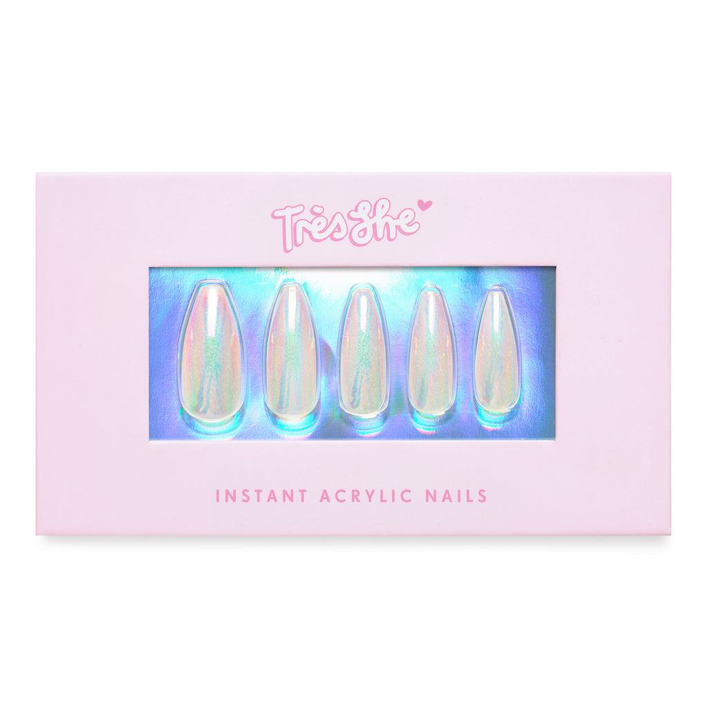 Box of Tres She Stripper Heels silver holographic nails in long ballerina