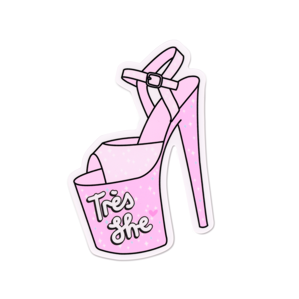 Vinyl stick in pink stripper heel with Tres She logo