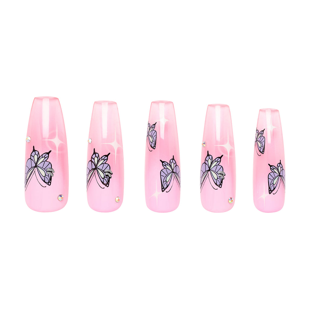 Limited edition Krocaine x Tres She ultra long coffin shape hand designed butterflies on baby pink nails with crystals