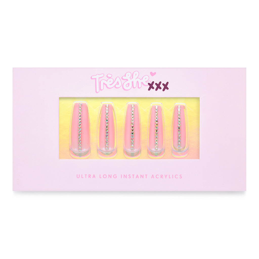 Tres She product box with Princess cut nails ultra long coffin inside