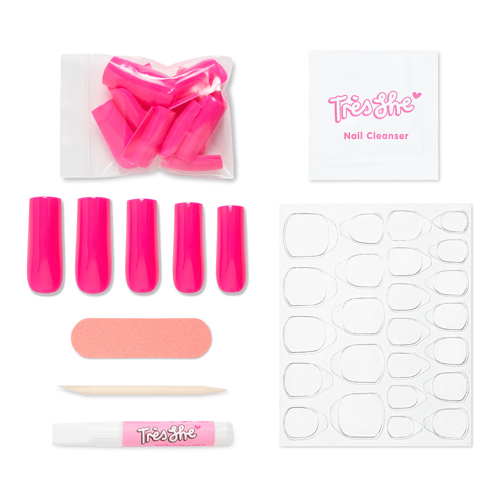Tres She press on acrylic nails in bright pink long square