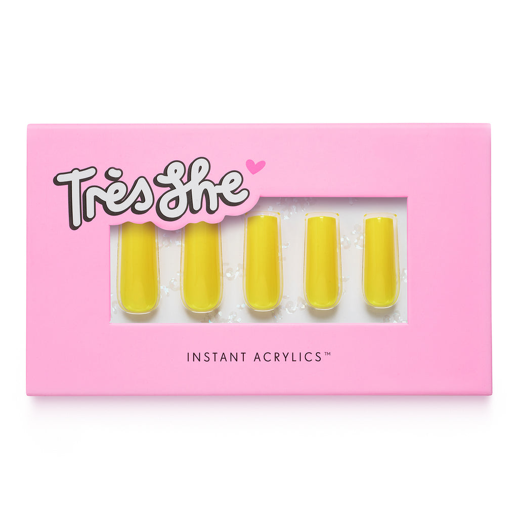 Tres She instant acrylic press on nails in bright yellow long square