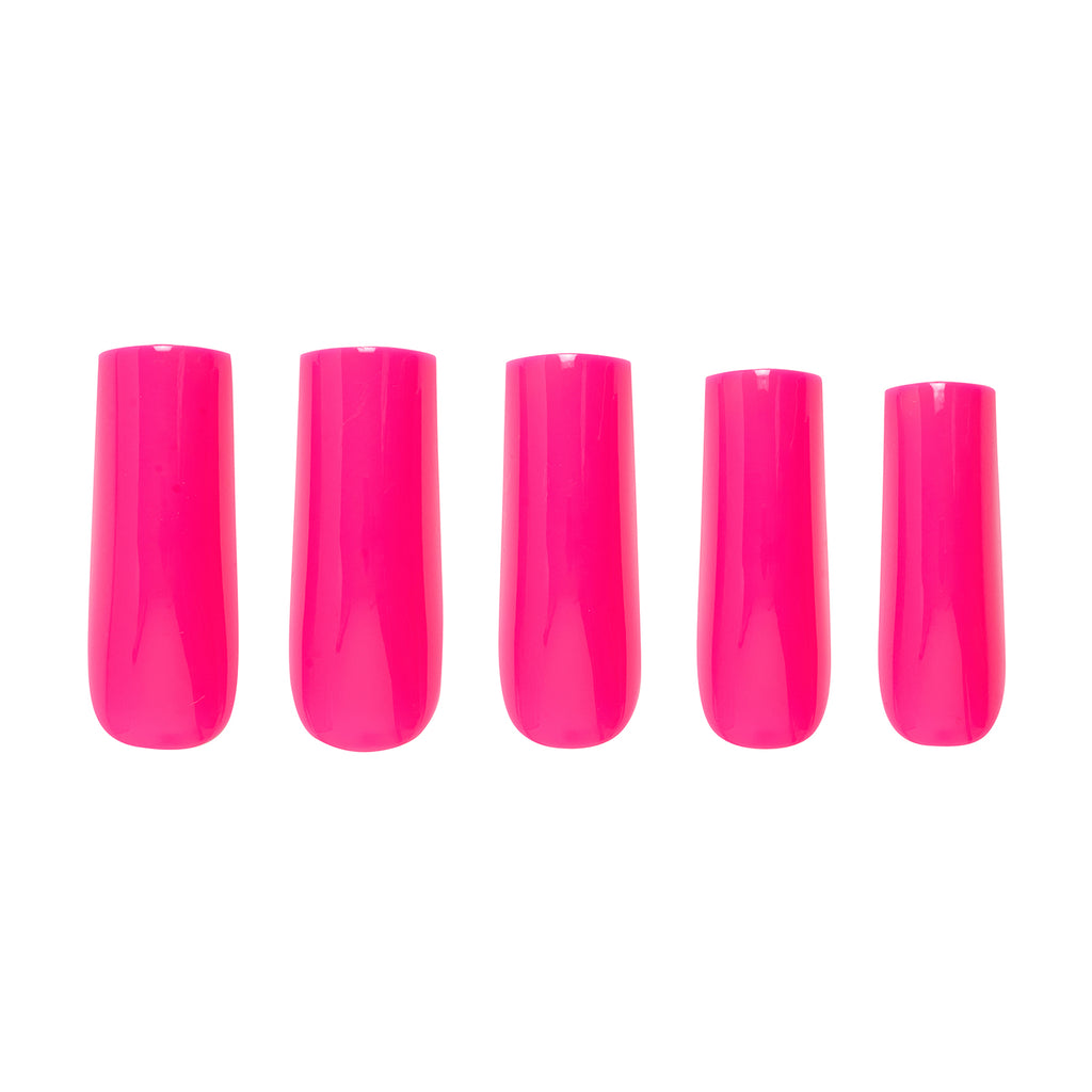 Tres She press on acrylic nails in bright pink long square